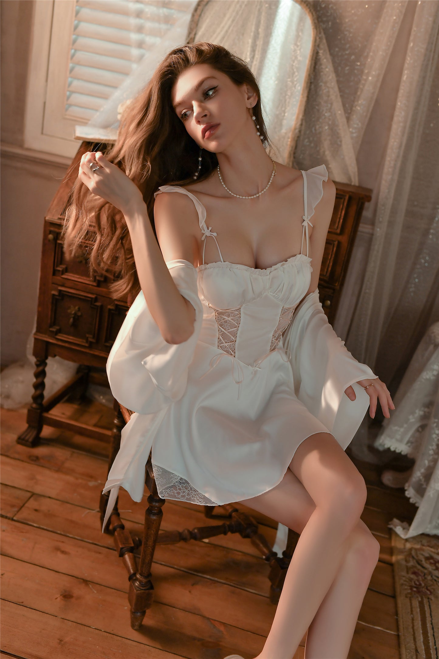 Satin Lace Nightdress Set with Optional Robe (Lilac / Black / White) [dME1018]