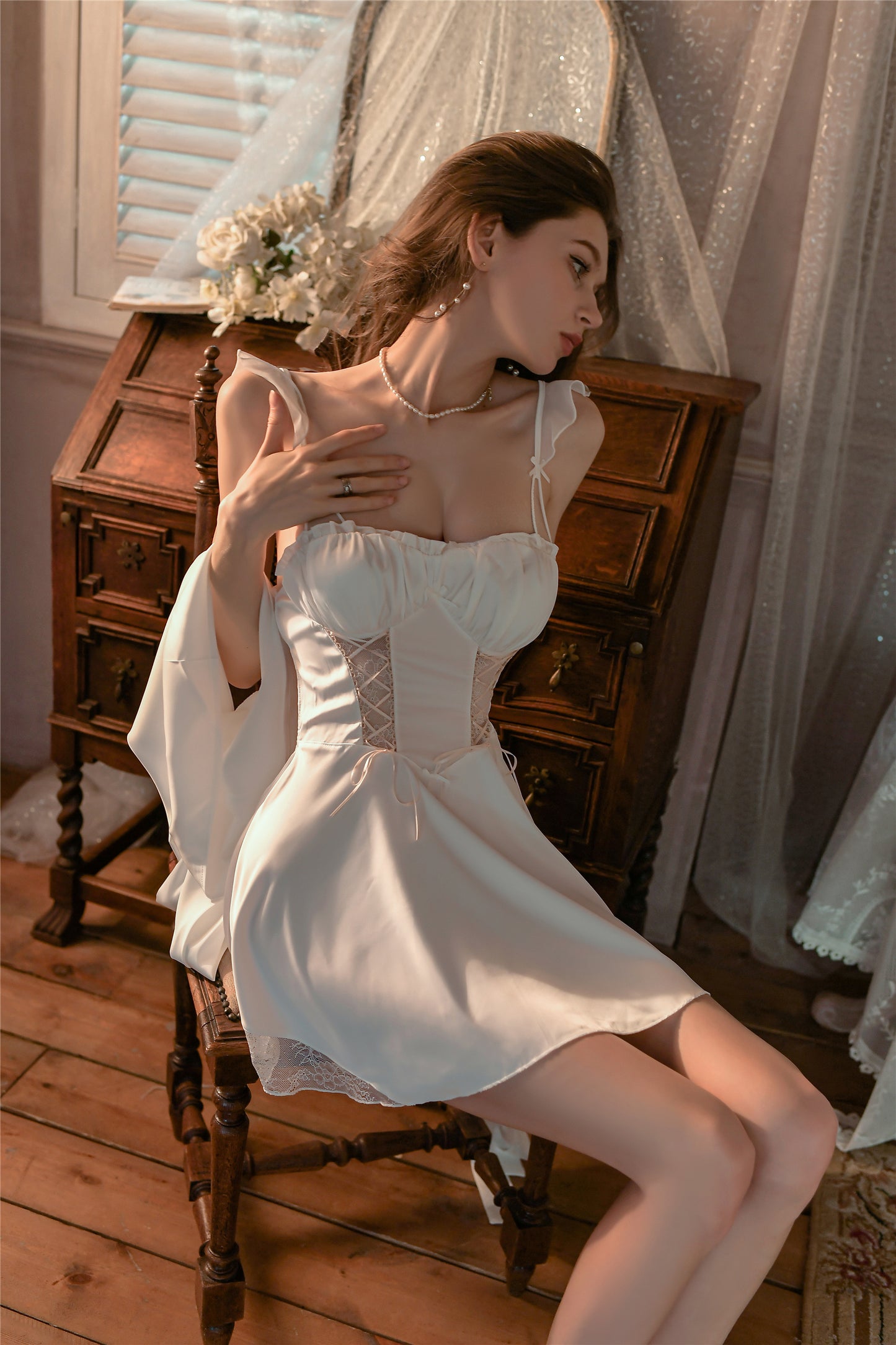 Satin Lace Nightdress Set with Optional Robe (Lilac / Black / White) [dME1018]