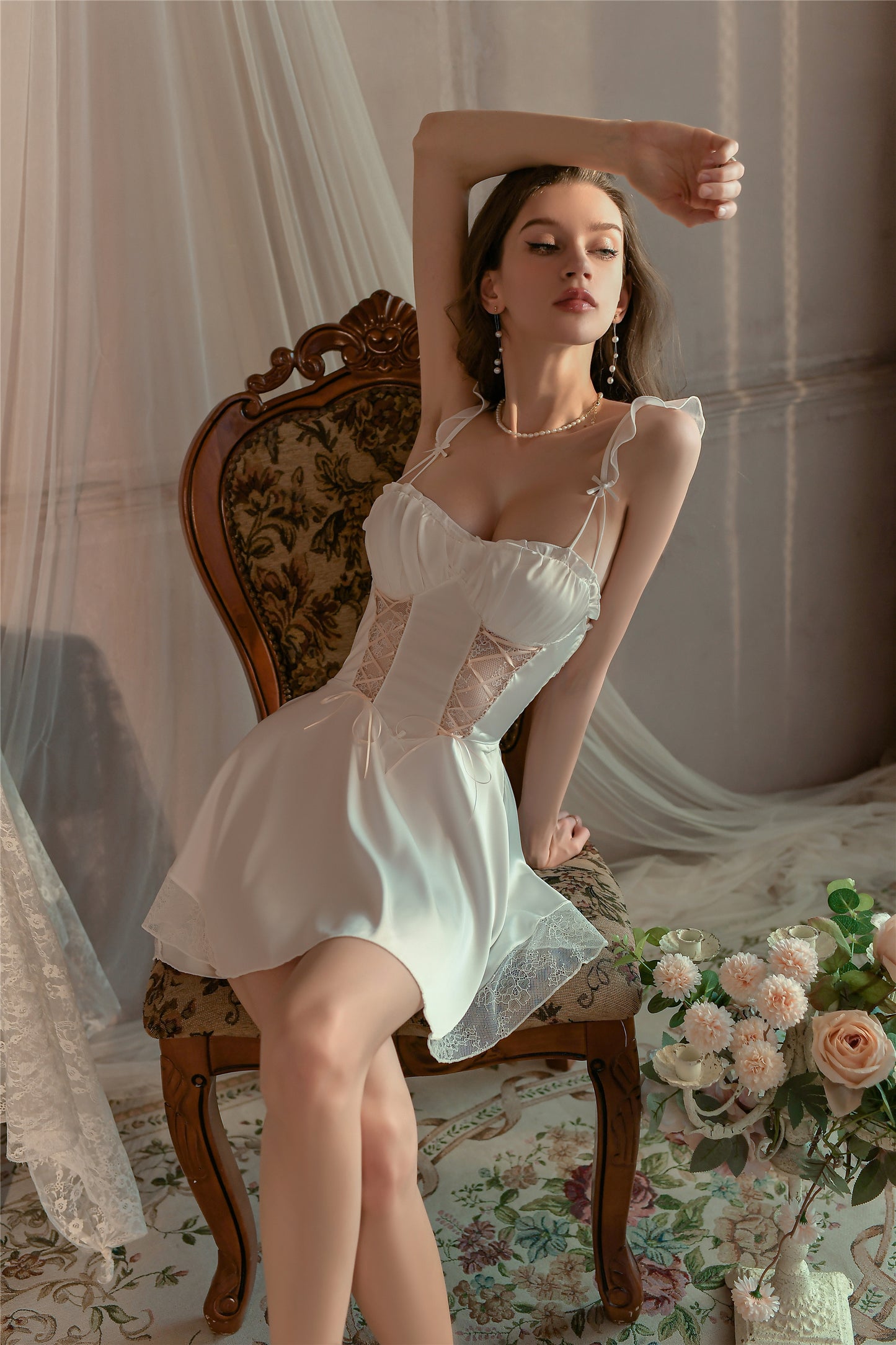 Satin Lace Nightdress Set with Optional Robe (Lilac / Black / White) [dME1018]