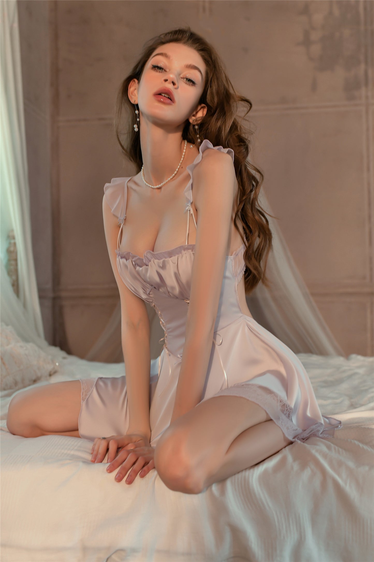 Satin Lace Nightdress Set with Optional Robe (Lilac / Black / White) [dME1018]