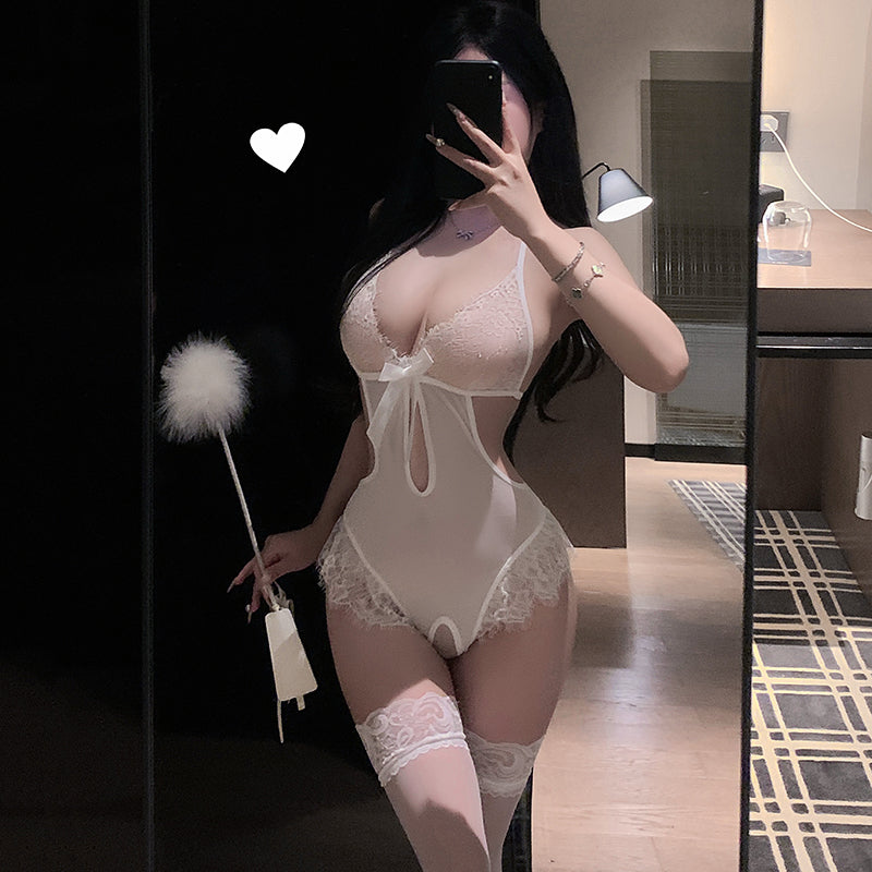 Sheer Lace Mesh One-Piece Lingerie (Purple / Black / White) [dME1400]