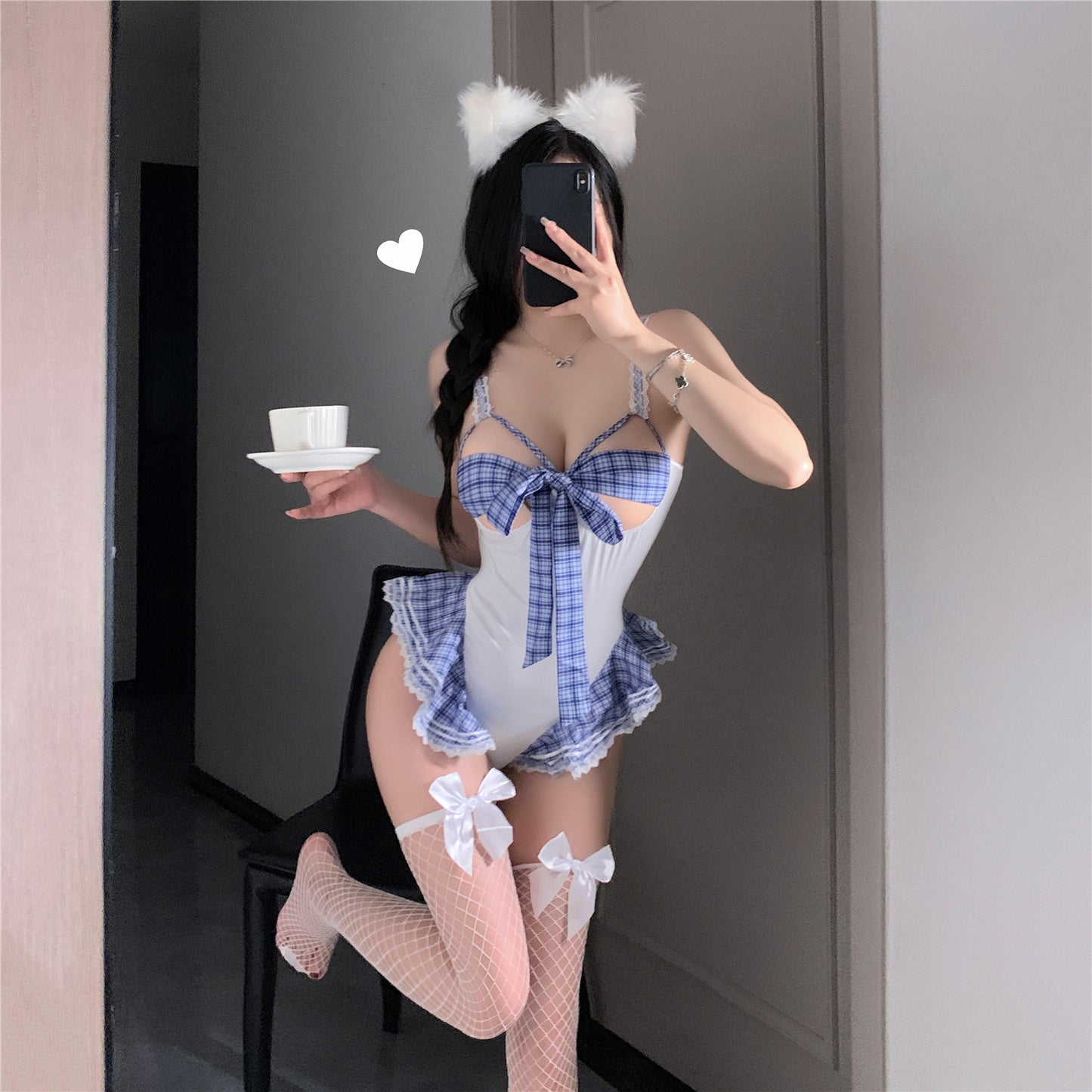 Pure Desire Schoolgirl Plaid Bodysuit (Blue & White) [dME1413]