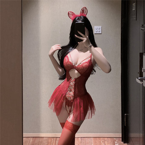 Beaded Lace Strappy Sheer Teddy – (Black / White / Wine Red) [dME420]