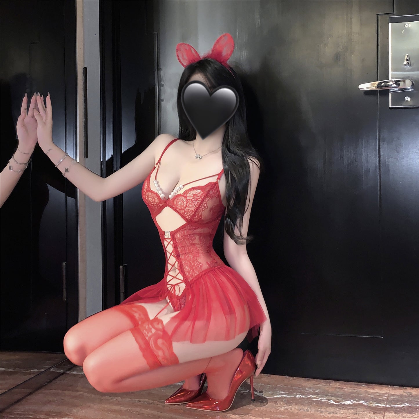 Beaded Lace Strappy Sheer Teddy – (Black / White / Wine Red) [dME420]