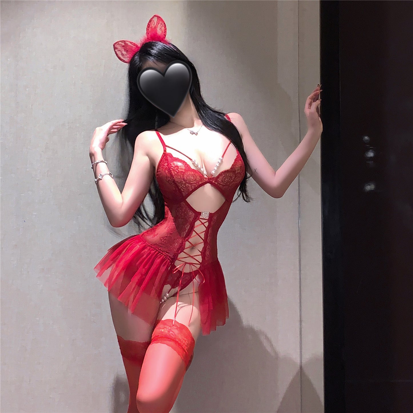 Beaded Lace Strappy Sheer Teddy – (Black / White / Wine Red) [dME420]