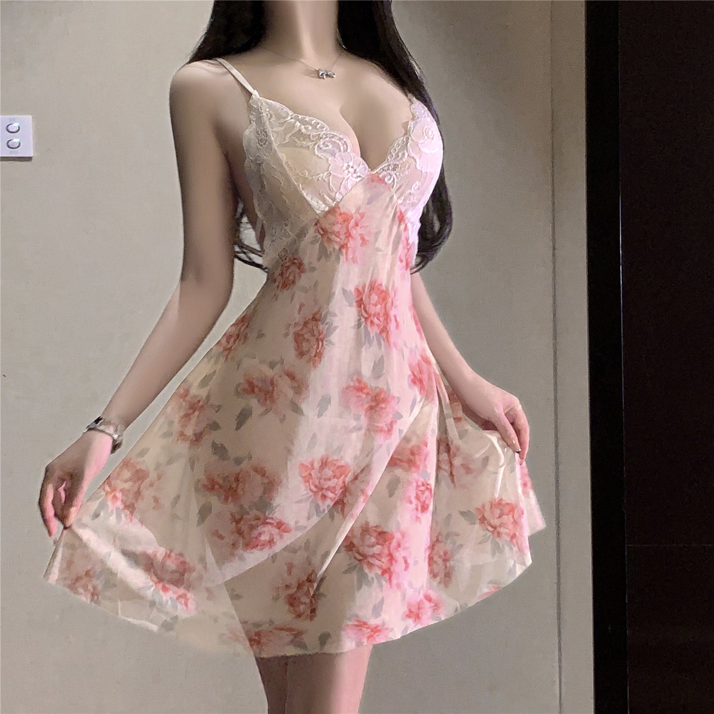 Butterfly Dream Sheer Lace Nightdress Set [dME1429]