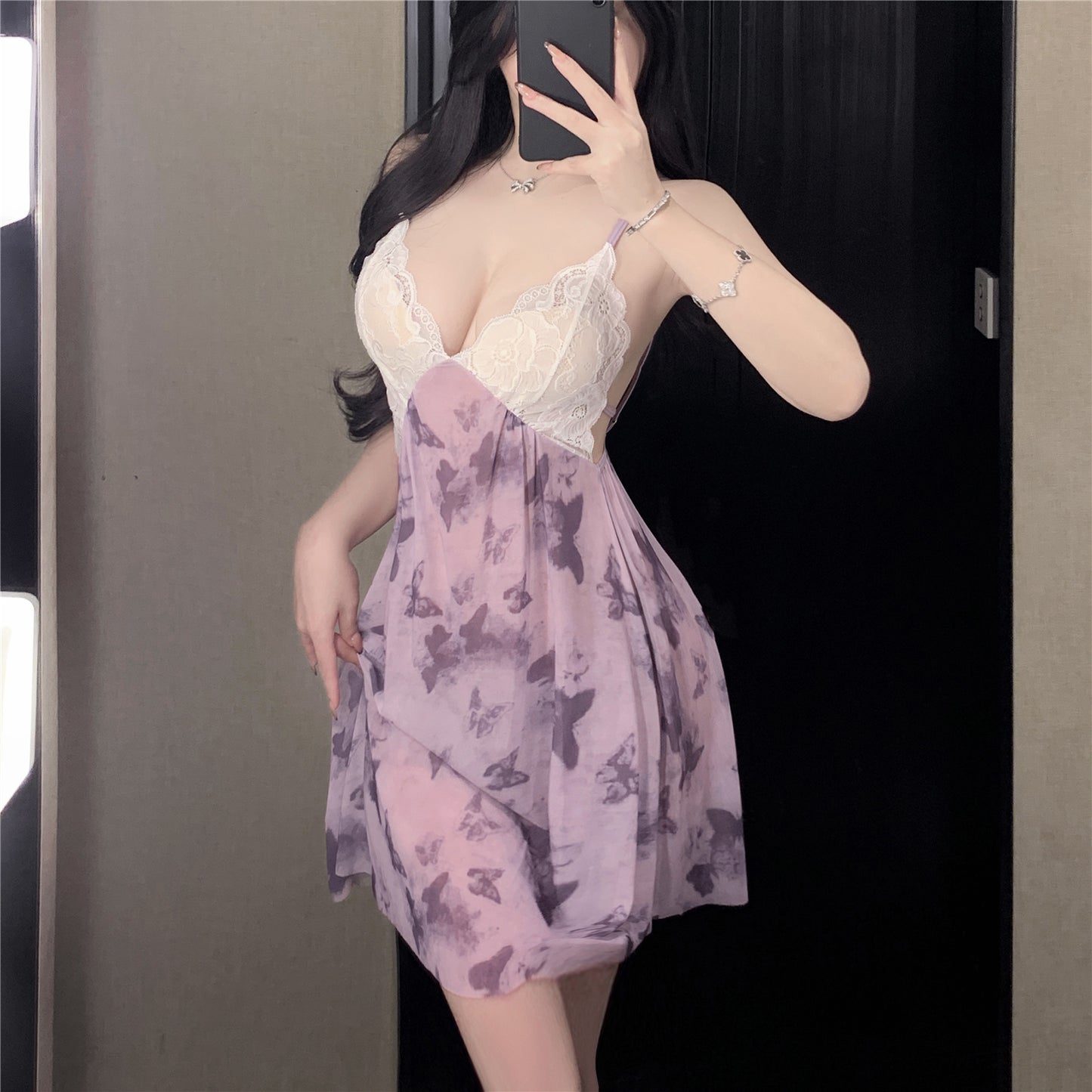 Butterfly Dream Sheer Lace Nightdress Set [dME1429]