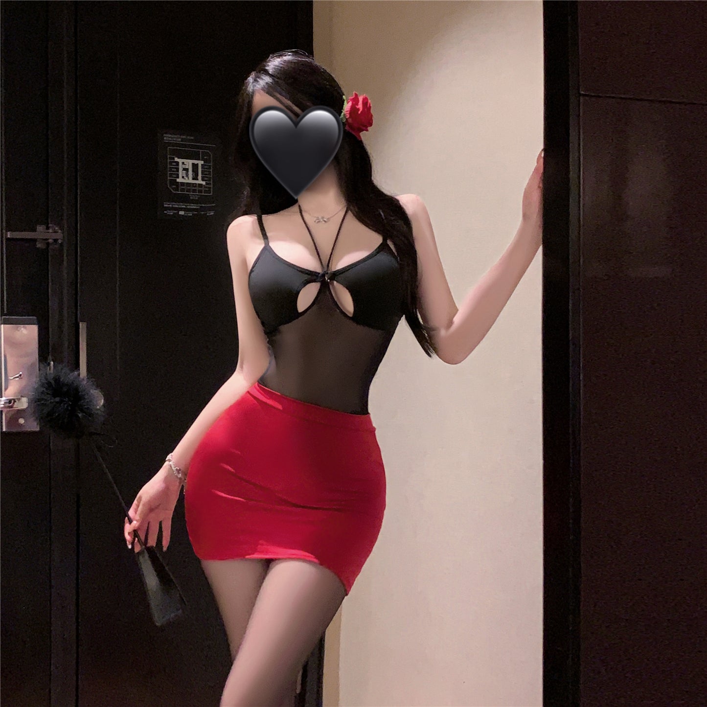 Forbidden Rose Mesh Bodycon Dress Set (Black & Red) [dME1445]