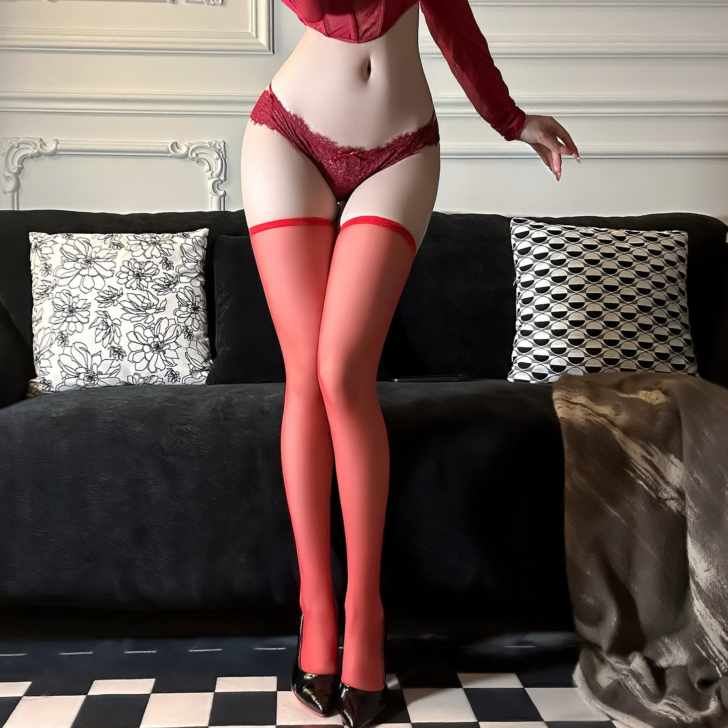 Sheer Thigh-High Stockings (Purple / Black / White / Red) [jX1005]